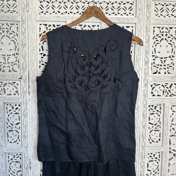Vintage Kenar Black 100% Linen Button Up Vest & Shorts Set Sz Small - Picture 3 of 6